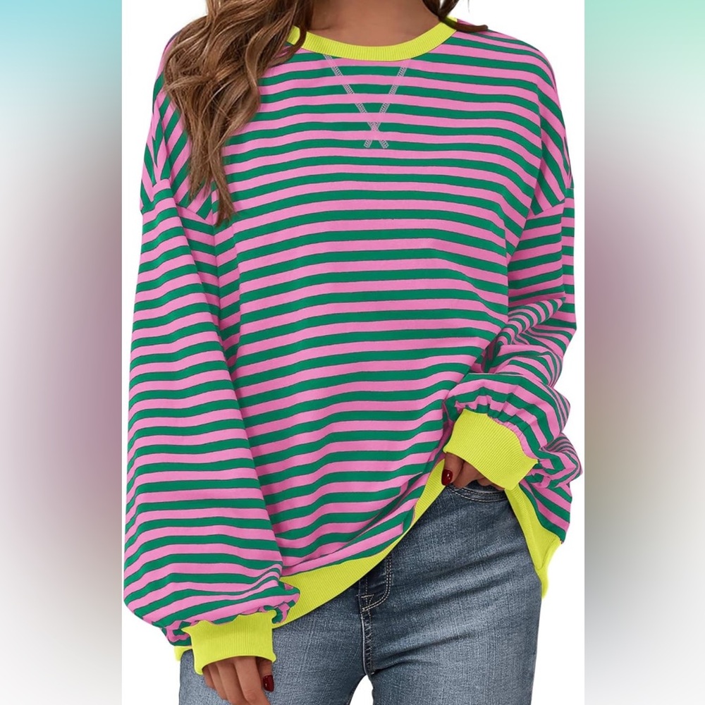 Striped Pullover Tops Long Lantern Sleeve Soft Loose Crew Neck Y2K Sweatshirts